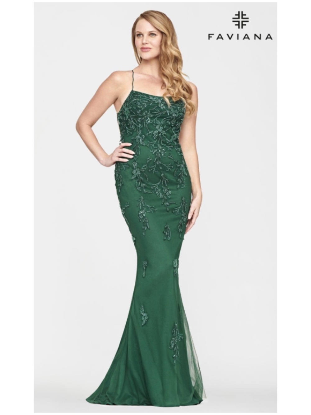 NWT Faviana Beaded Appliqué Tie Up Back Gown - size 8